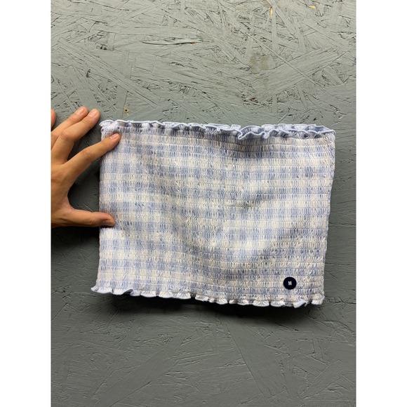 Hollister Tube Top Medium Blue White Gingham Reversible Strapless Smocked Ruffle - Picture 1 of 8
